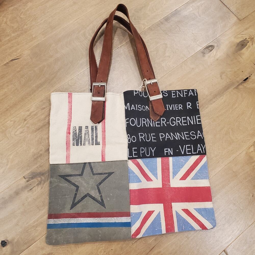 NWOT Upcycled British Canvas Tote Bag Wide Leather Straps Adjustable Buckle